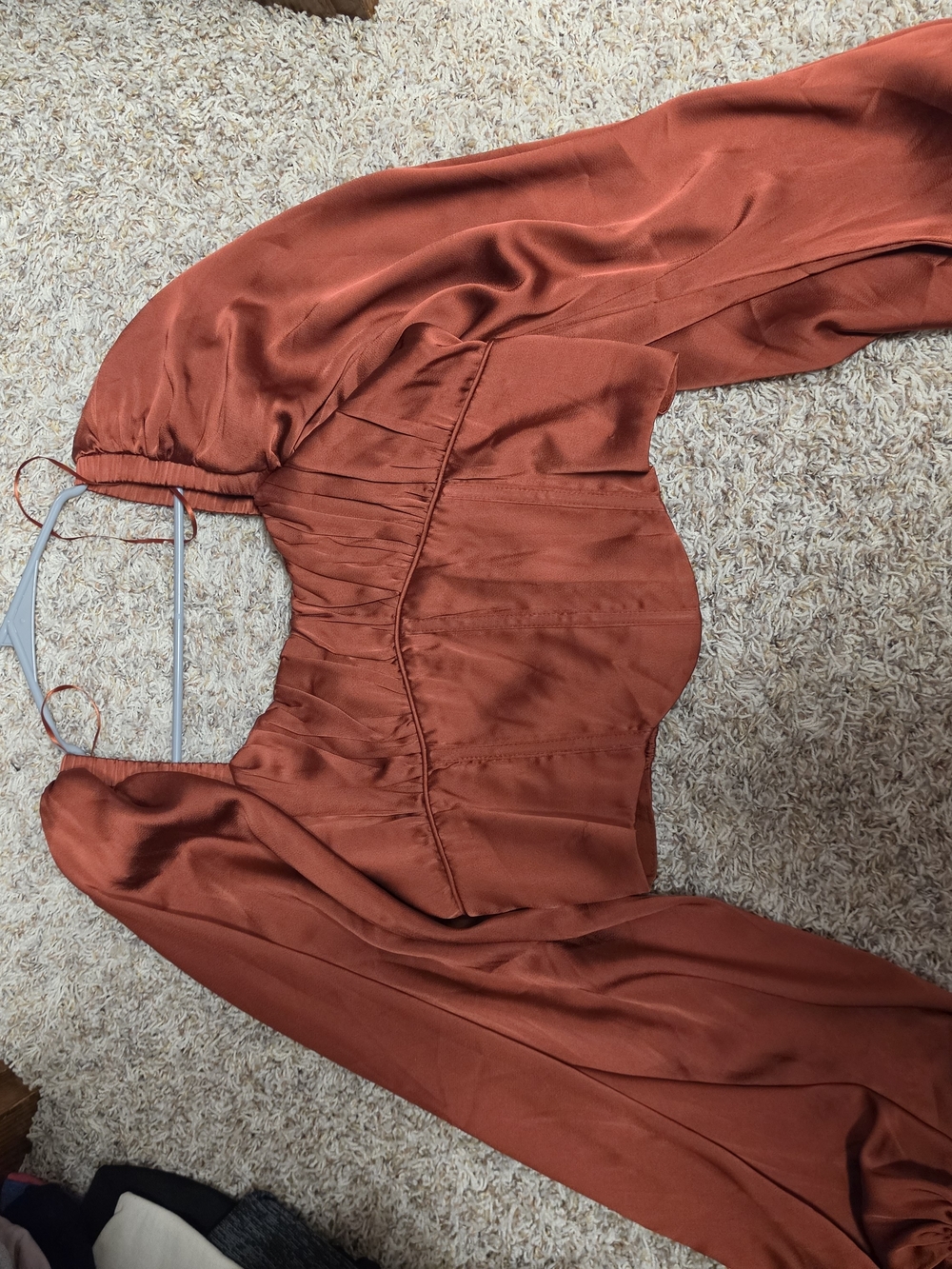 Astr Rust Satin Long Puff Sleeve Smocked Bust Top